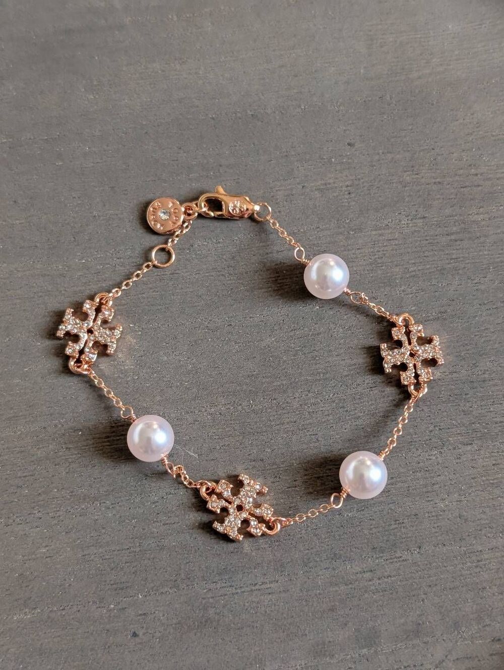 TORY BURCH Kira Pave Logo Delicate Pearl Rose Gold Chain Bracelet